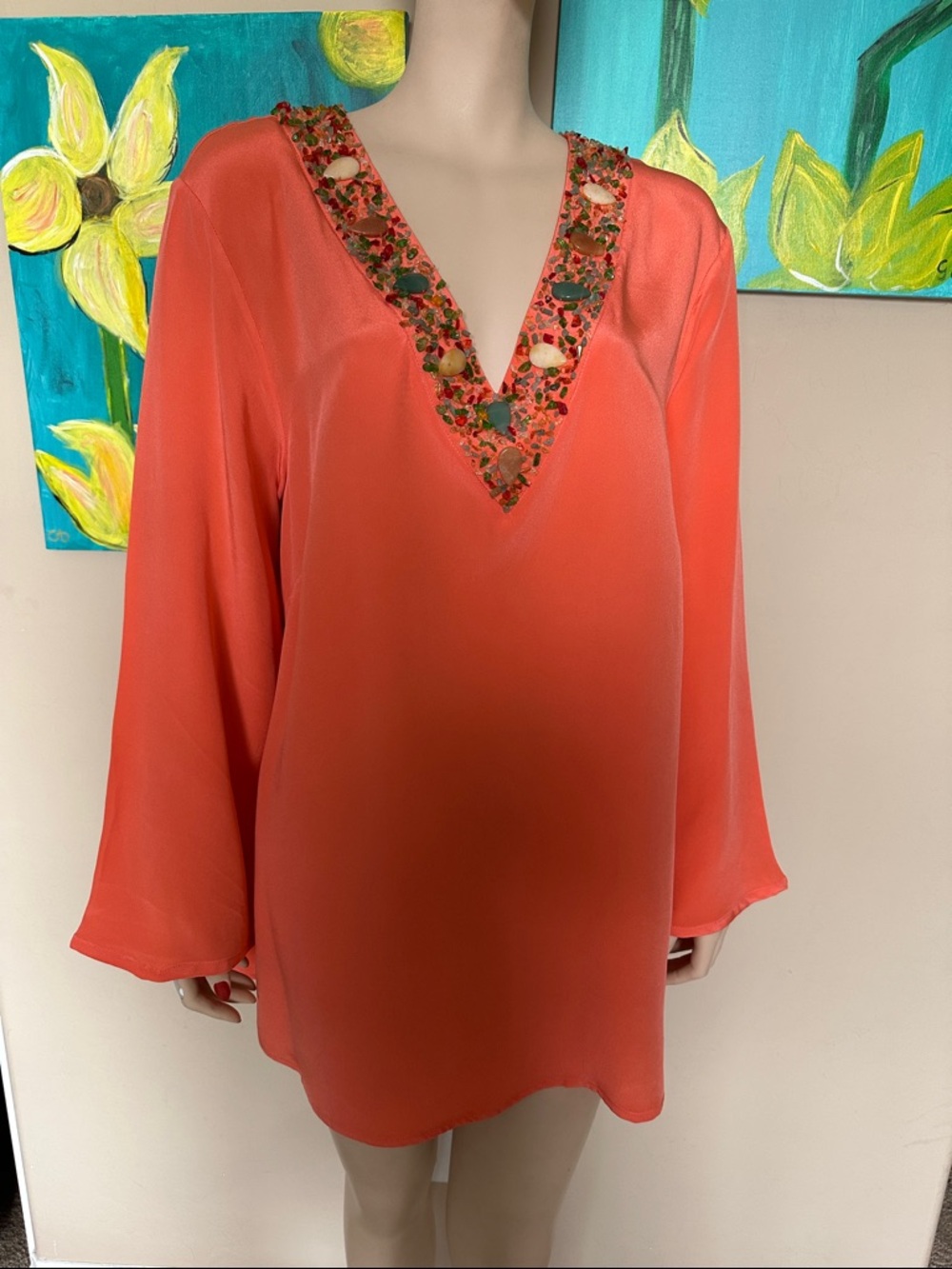 Neiman Marcus Coral Embellished V-Neck Tunic